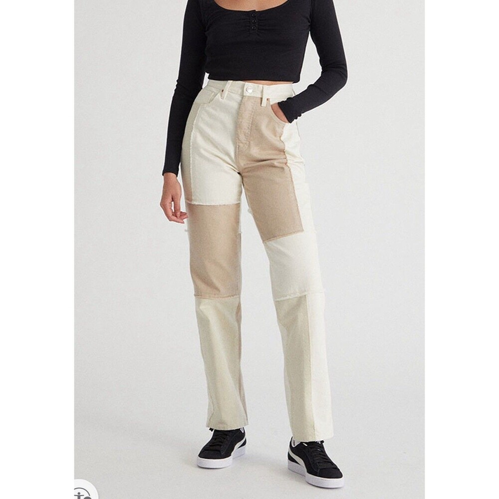 Pacsun Women’s 28 Dad Jeans Patchwork Jeans Slim Taper Multicolor Beige - Picture 2 of 16